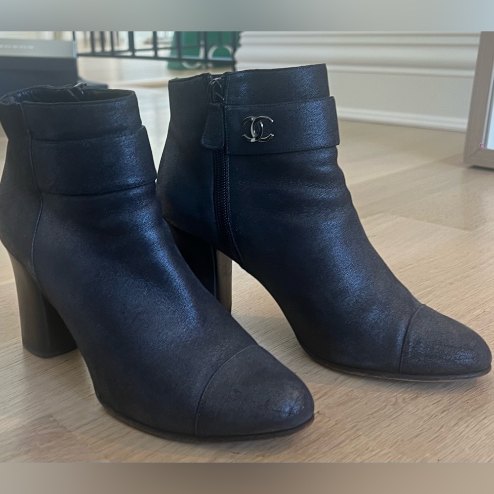 CHANEL  Black Metallic Ankle Booties 38.5